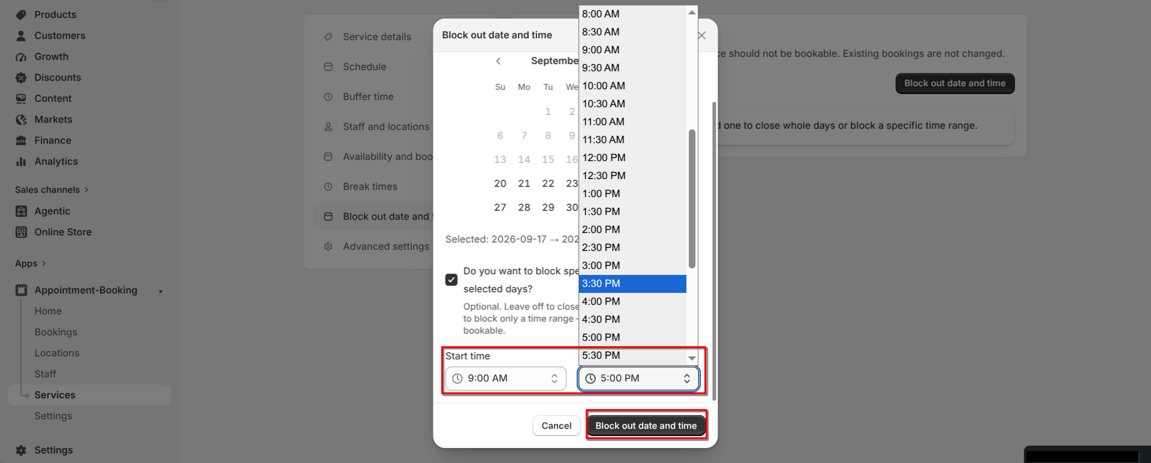 Block out date and time dialog with Start time and End time fields set and the "Block out date and time" confirm button highlighted